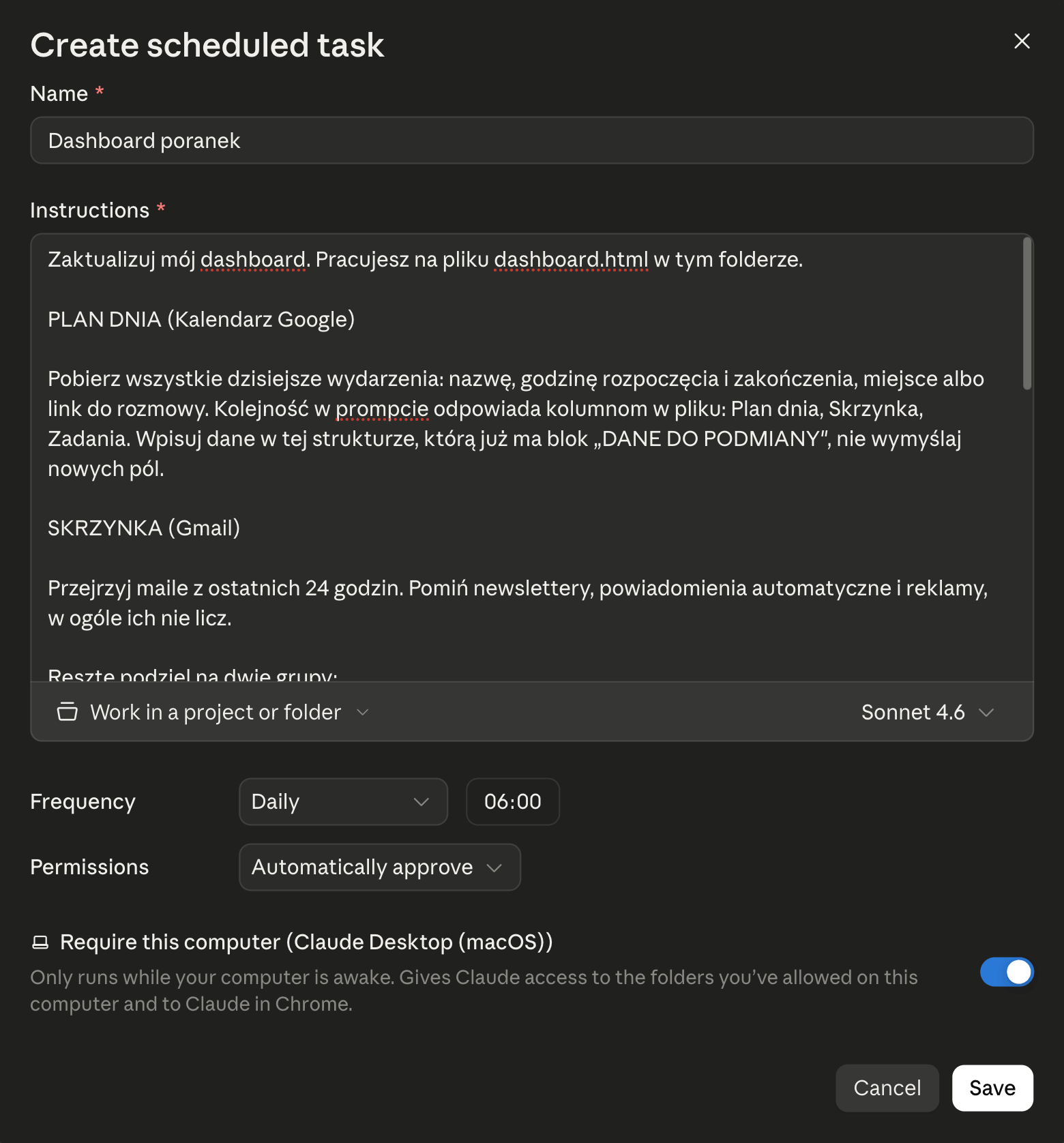 Konfiguracja zaplanowanego zadania w Claude